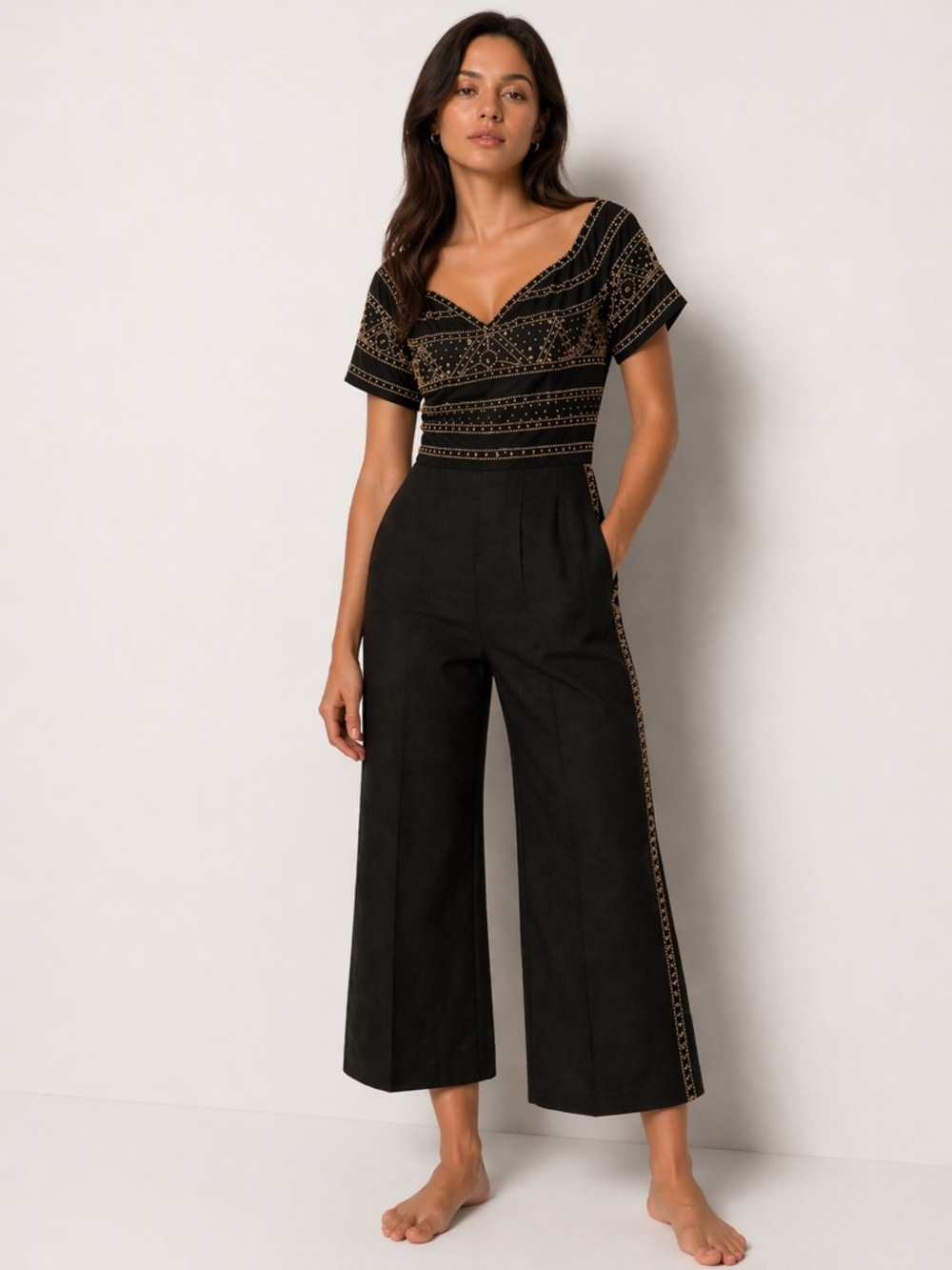 Vintage 80s Et Al gold studded crop jumpsuit.  Off shoulder black cotton blend S
